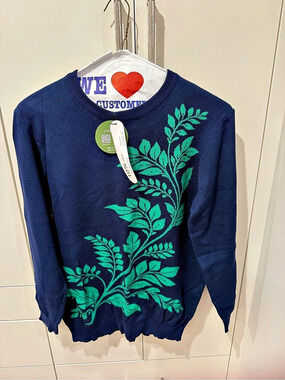 Oxknit Floral Motif Crewneck Sweater Blue Size XL NWT